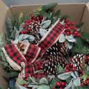 24 Inch Christmas Wreath for Front Door with Lights Flocked Lambs Leaves Winter Wreath Bow Pine Needles Pinecones for Indoor Outdoor Xmas Wall Window Holiday Decor