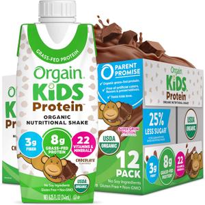 Orgain Organic Kids Nutritional Protein Shake, Chocolate, Healthy Kids Snacks, 8g Dairy Protein, 3g Fiber, 22 Vitamins & Minerals, No Soy Ingredients, Gluten Free, Non-GMO, 8.25 Fl Oz (Pack of 12) (EXP 02/02/26)