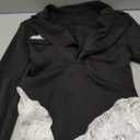 VOIKERDR Black Bodysuit Women Patchwork Lace Long Sleeve V Neck Bodysuit Top Sexy Going Out Outfits (Small)