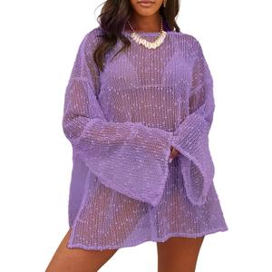 Lilosy Sexy Crochet Sheer Kaftan Caftan Beach Dress Bathing Suit Swim Coverup One Piece (XX-Large, Purple)