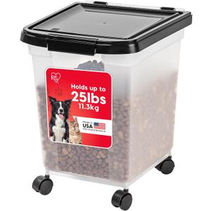 IRIS USA Airtight Dog Food Storage Container, WeatherPro, Up to 25 lbs, Removable Wheels, for Dog Cat Bird and Other Pet Food Storage Bin, Keep Fresh, Translucent Body, Made in USA, Clear/Black