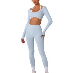 2 Piece Workout Sets for Women Contrast Panel Long Sleeve Halter Crop Top and High Waist Leggings Jogger Outfits (Medium, Blue)