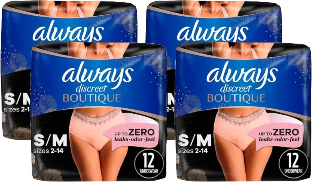 Always Discreet Boutique Adult Incontinence & Postpartum Underwear for Women, High-Rise, Size Small/Medium, Rosy, Maximum Absorbency, Disposable, 12 Count (Packaging May Vary) (Pack of 4)