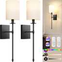 24.5 Inch Black Battery Operated Wall Sconces Set of 2, Rechargeable Wireless Wall Lights with Remote & White Fabric Shade, Indoor Not Hardwired Dimmable Wall Lamps For Bedroom, 2 Bulbs Included