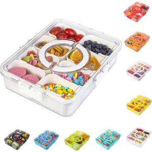 Patent Design Ribbed Snackle Box Container Snack Container Divided Serving Tray with Lid and Handle, 8 Divider Portable Snacklebox for Travel Beach for Charcuterie Veggie Fruit Candy,1 Pack (White)