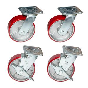 Nisorpa 8 inch Heavy Duty Caster Set of 4 Red Polyurethane Steel Caster Wheels Flat Free for Industrial Trailer Furniture - 2 with Brakes and 2 without Brakes