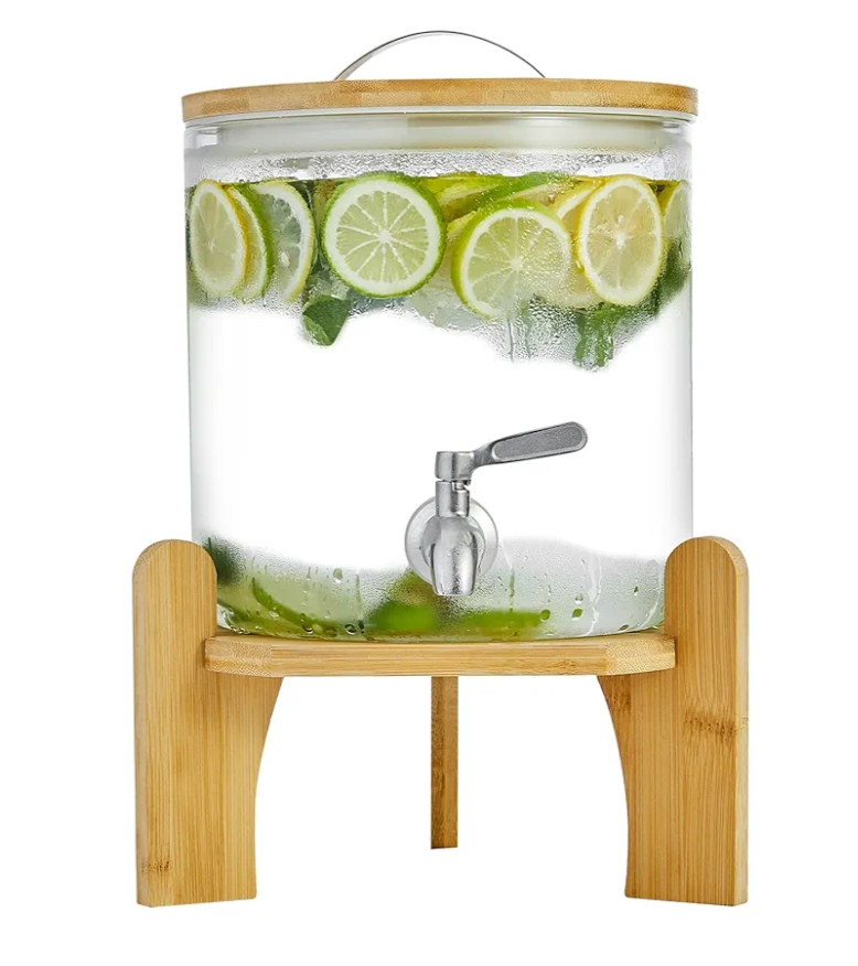 Beverage Dispenser 1.5 Gallon with Spigot Glass Water Dispenser for Parties, Bars, Restaurants (5L）with Wood Stand Drink Dispensers