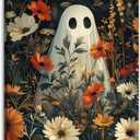 2 x Daktenn Halloween Canvas Wall Art, Cute Floral Ghost In Haunted Forest Poster, Funny Dark Romantic Ghost Print Decorations, Dark Academia Halloween Wall Decor 12x16in White
