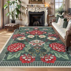 GarveeHome Floral Botanical Washable 8x10 Area Rug for Living Room Soft Grey Green Vintage Boho Cottage Large Rugs Low Pile Carpet for Bedroom Dining Nursery Rug