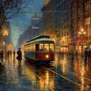 Blue Tram At Sunset With Church During Sunset Nautical & Coastal Framed Wall Art