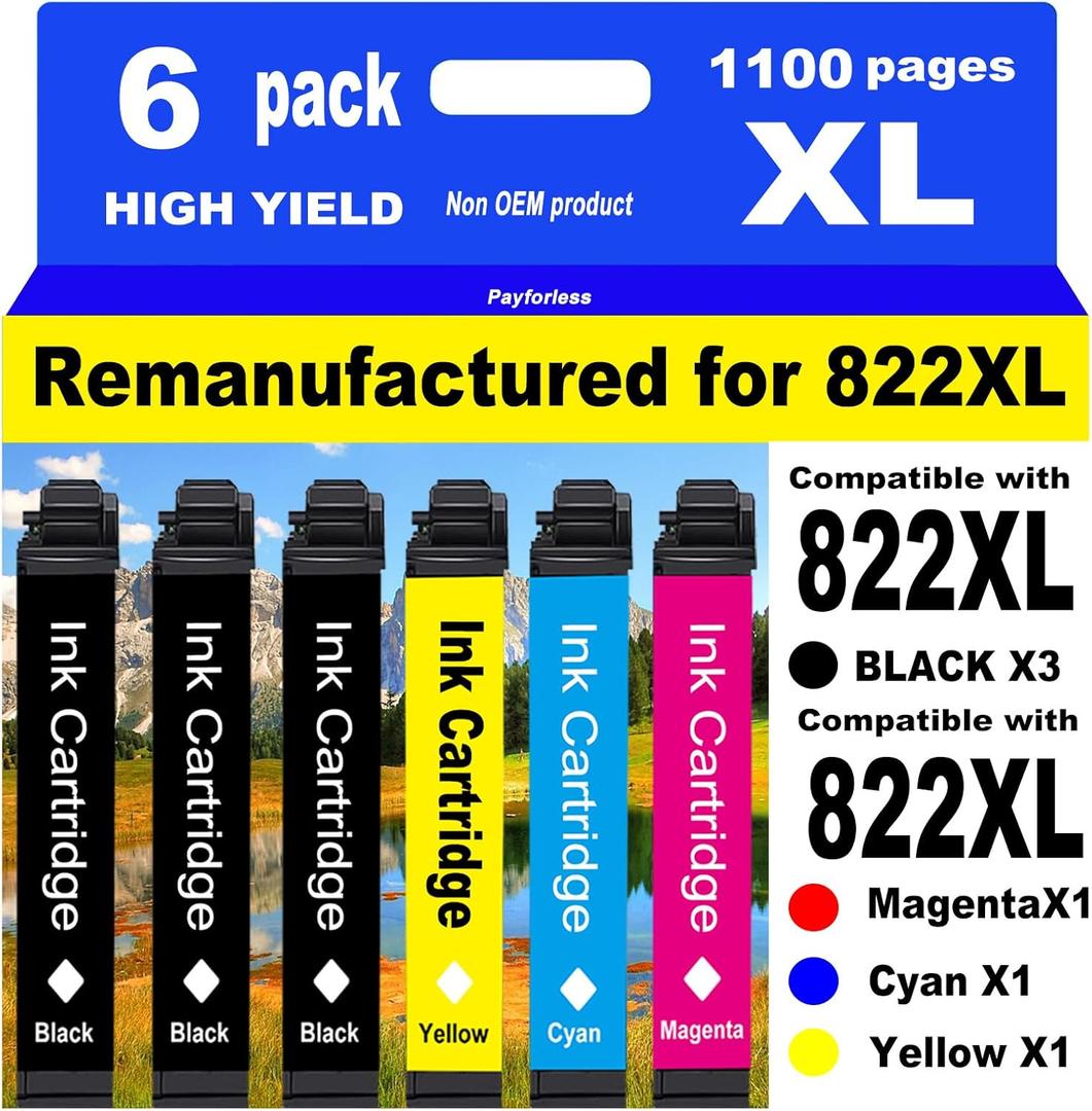 PayForLess for 822XL Remanufactured for Epson 822XL Ink Cartridges for 822 XL T822 Workforce Pro WF-3820 WF-3823 WF-4820 WF-4830 WF-4833 WF-4834 Printer 3 Black 1 Cyan 1 Magenta 1 Yellow 6 Pack