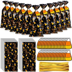 Gueevin 150 Set Halloween Trick or Treat Cellophane Treat Bags Candy Cookie Goodie Cello Bags Bulk with Twist Ties Gift Cards for Party Favor Supplies