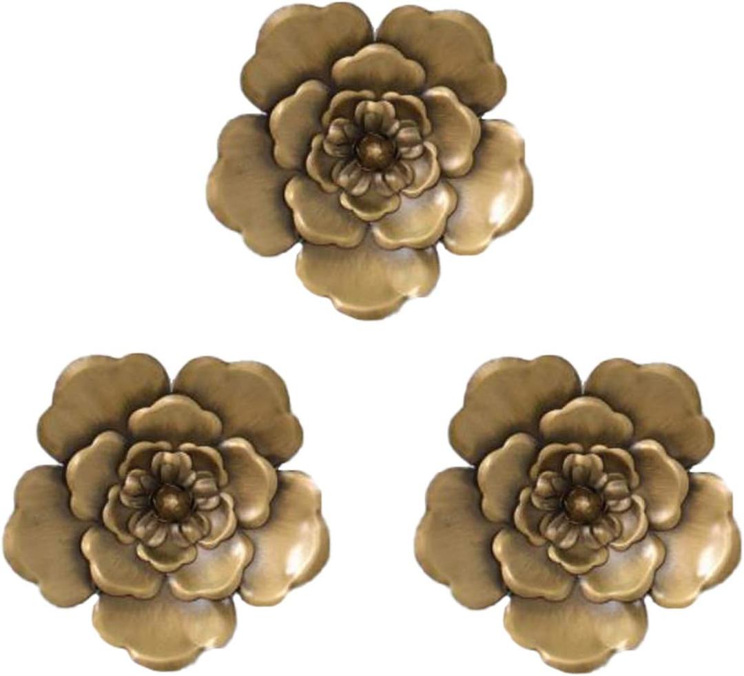 8 Inch Large Metal Flower Wall Art Multiple Layer Home Decor for Outdoor Home Garden Porch Patio Set of 3 (Gold))