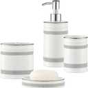 Bathroom Accessories Set, 4-Piece Ceramic Bath Accessory Complete Set with Lotion Dispenser/Soap Pump, Tumbler, Soap Dish and Toothbrush Holder (Rhinestones, White)
