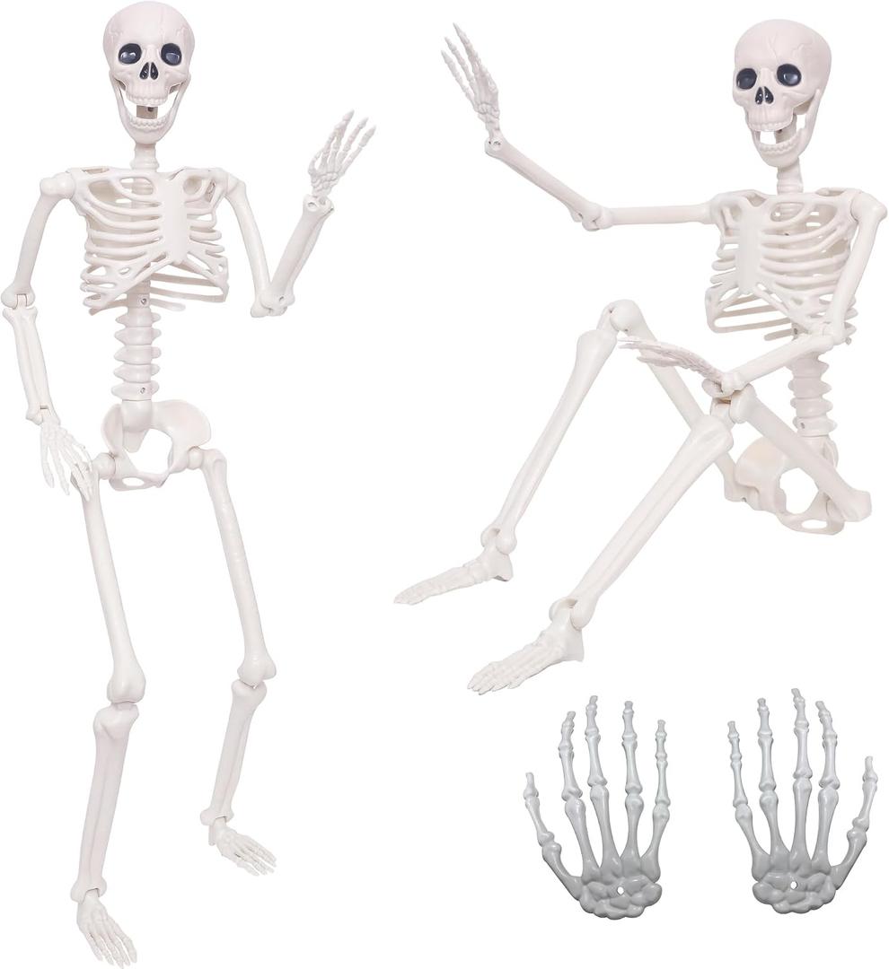 2 Pack 36"Halloween Skeleton with 1 Pair Realistic Plastic Skeleton Hands,Life Size Human Skeleton with Full Body Posable Joints for Halloween Decor Yard Patio Lawn Garden Spooky Party Decoration