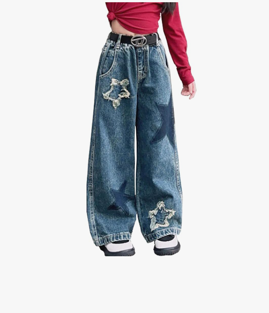 10-14 yrs Kids Girls Jeans Distressed Elastic Waist Baggy Denim Wide Leg Pants Trousers Size 150