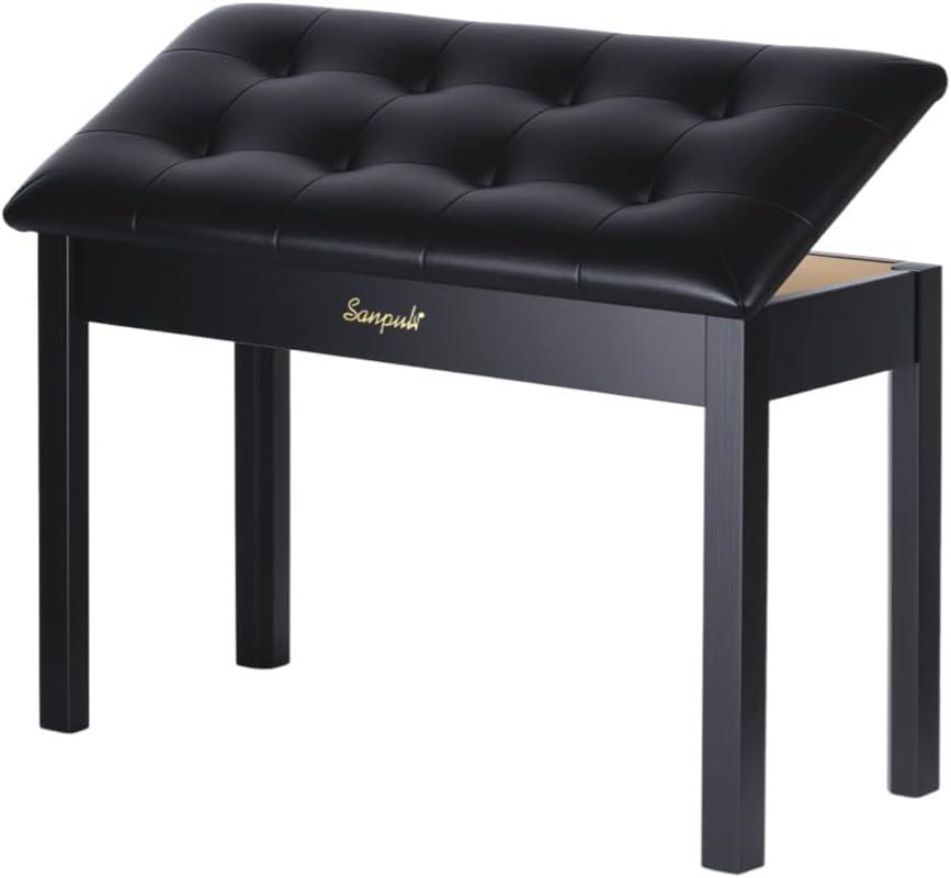 Solid Wood Duet Piano Bench with Storage, Piano Stool and Padded Cushion, Keyboard Bench with Bookcase, Piano Chair and Piano Seat with High-Density Sponges.