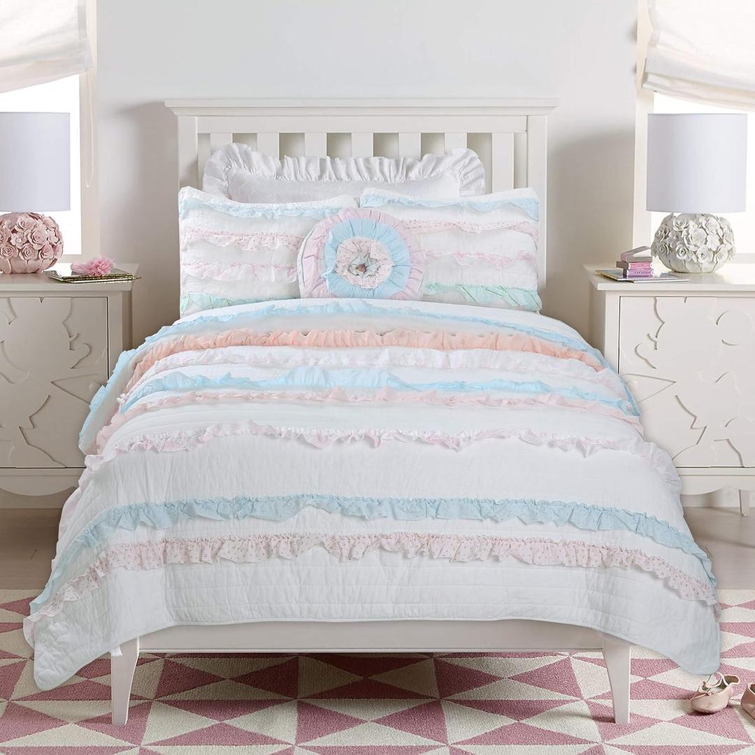 Cozy Line Home Fashions Light Pink Blue Coral White Ruffle 100% Cotton Reversible Girl Quilt Bedding Set, Reversible Coverlet Bedspread (Shabby Chic, Twin - 2 Piece)