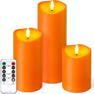 NURADA Outdoor Flameless Candles with Remote Timer - Waterproof Realistic Flickering LED Pillar Electric Battery Operated Fake Candle for Halloween Home Fireplace Decor - 3 Pack Orange (D3H468)