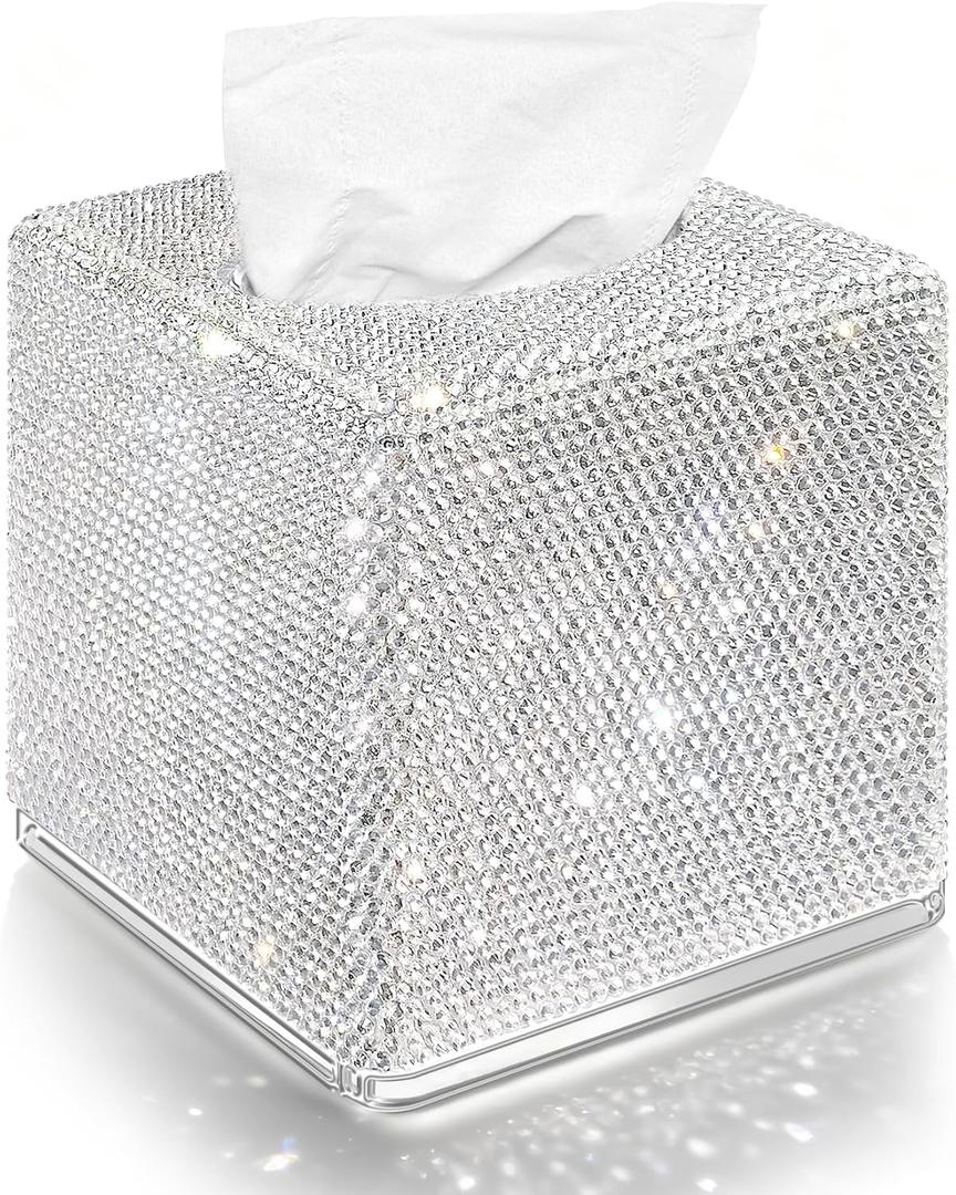 Bling Tissue Box Cover Square for Bathroom Sparkling Cube Decorative Kleenex Tissue Box Holder Table Countertop Decorative for Home Office