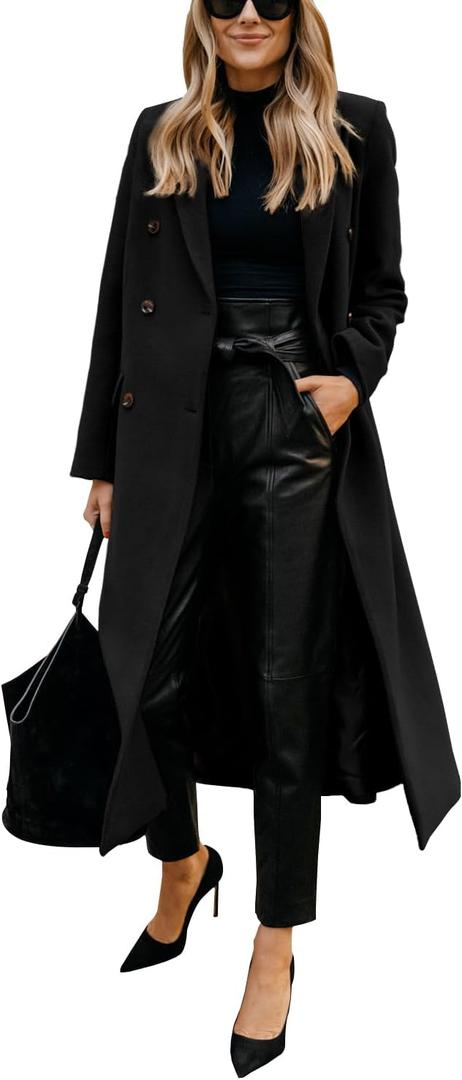 IDEALSANXUN Womens Long Wool Coats Fall Winter Notch Lapel Dressy Trench Coat Peacoat Jackets (Medium, Black)