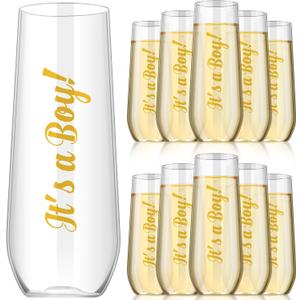 Maxcheck 24 Pcs Baby Shower Plastic Champagne Flutes Disposable Champagne Stemless Glasses Cups for gender reveal party Supplies(Boy)
