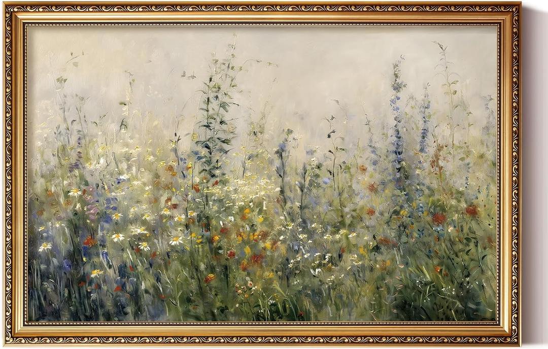 ARPEOTCY Large Vintage Gold Framed Floral Wall Art, Living Room Bedroom Dining Room Meadow Wildflower Painting Decor, Canvas Artwork, Classic Impressionist Nature Picture Farmhouse Home Decor, 24x36 In