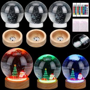8 Pcs Christmas DIY Snow Globes Water Globe with LED Light Base Wooden Stand and Fake Snow Bulk 5'' Clear Plastic Snow Globe Kit Waterproof Screw Off Cap for Xmas Winter DIY Craft(Multicolor)