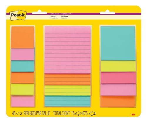Post-it Super Sticky Notes, 15 Sticky Note Pads, Multi-Size., Ideal for Organization in Your Dorm, Home or Office, 2X The Sticking Power, Supernova Neons Collection