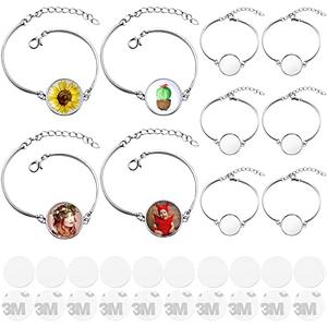 10 Pieces Sublimation Round Bracelet Trays Blank Base Bracelets with 10 Heat Transfer Round Blanks and 10 High Temperature Glues for DIY Bracelet Handicrafts Decors