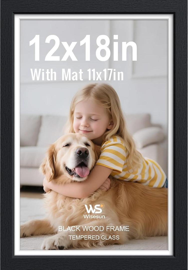 12x18 Picture Frame, Black Wood with Real Glass, 11x17 Mat, 1 Pack