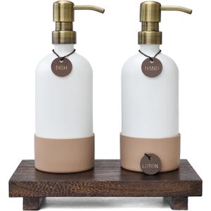 Finisterra White Hand and Dish Soap Dispenser Set With Tray - Boho Bathroom and Kitchen Soap and Lotion Dispenser Set - Luxury Hand Soap Dispenser