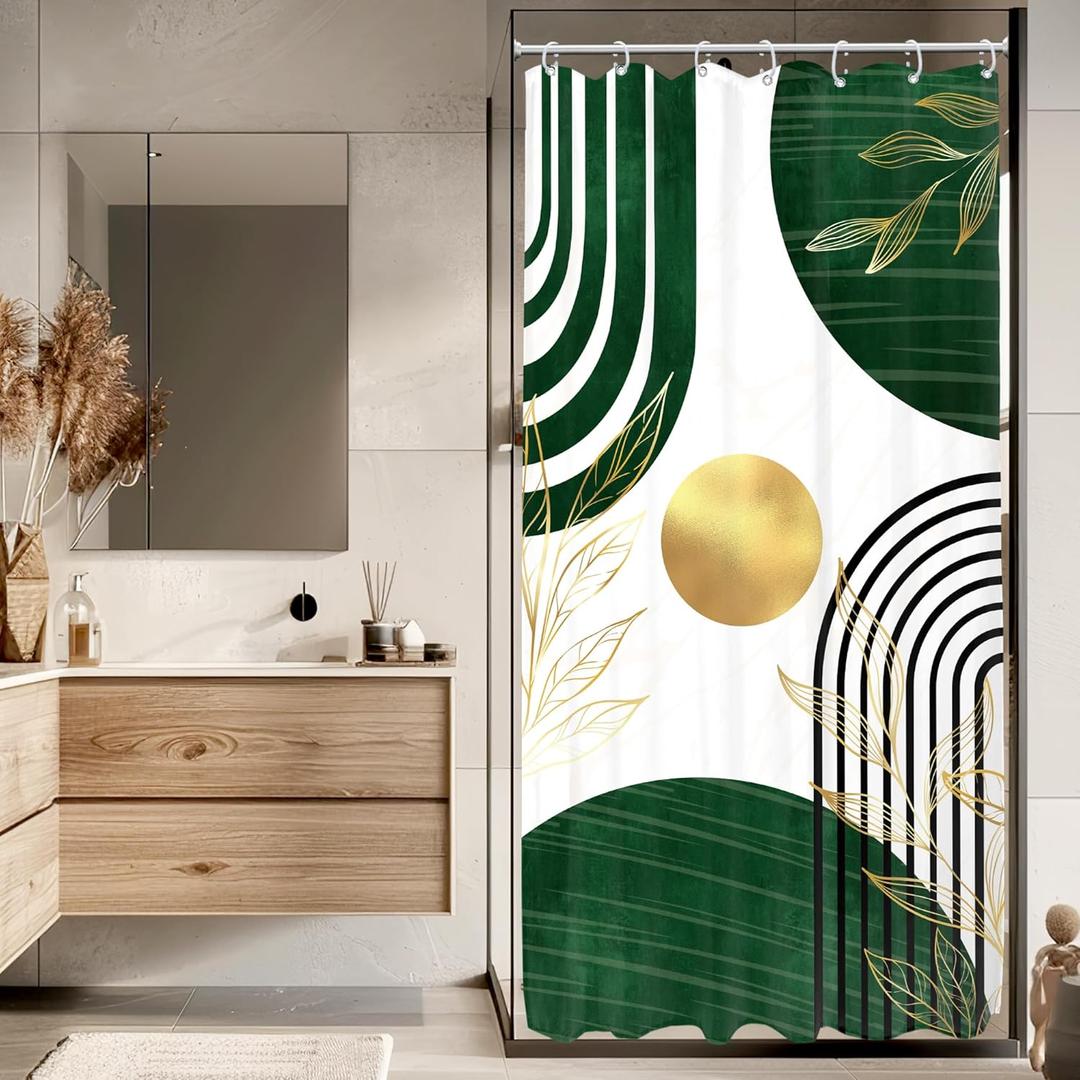 KOMLLEX Green Boho Shower Curtain for Bathroom Decor 36Wx72H Inches Modern Minimalist Abstract Mid Century Gold Leaves Sun Geometric Plant Aesthetic Chic Fabric Waterproof Polyester 7 Pack Hooks