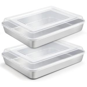 TeamFar Lasagna Pan, 12.3 x 9.75 x 2 Stainless Steel Rectangular Cake Brownie Baking Pan with Lid, Non-Toxic & Heavy Duty, Brush Surface & Deep Side, Dishwasher Safe-2 Pans+2 Lids