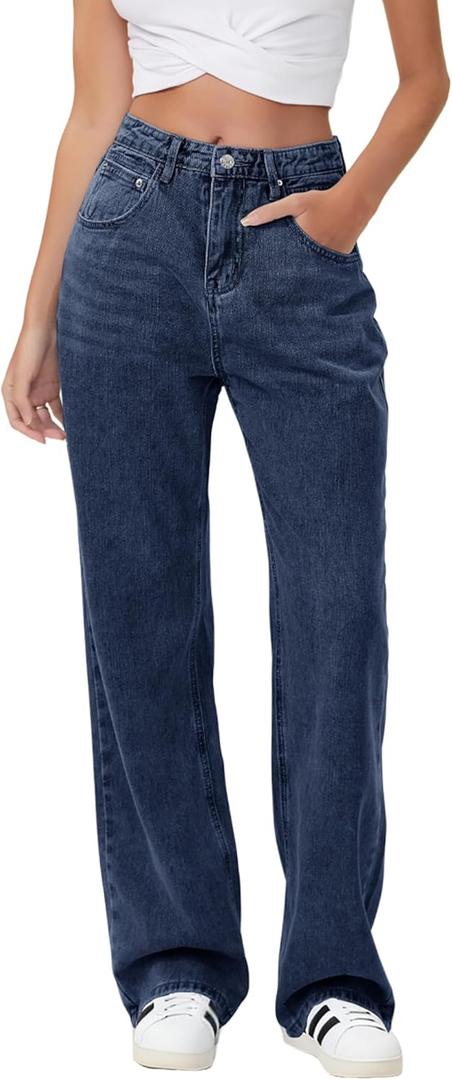 HDLTE Baggy Stretchy Jeans for Women High Waisted Trendy Wide Leg Jeans Boyfriend Denim Pants with Patch Pockets (Large, Dark Blue)
