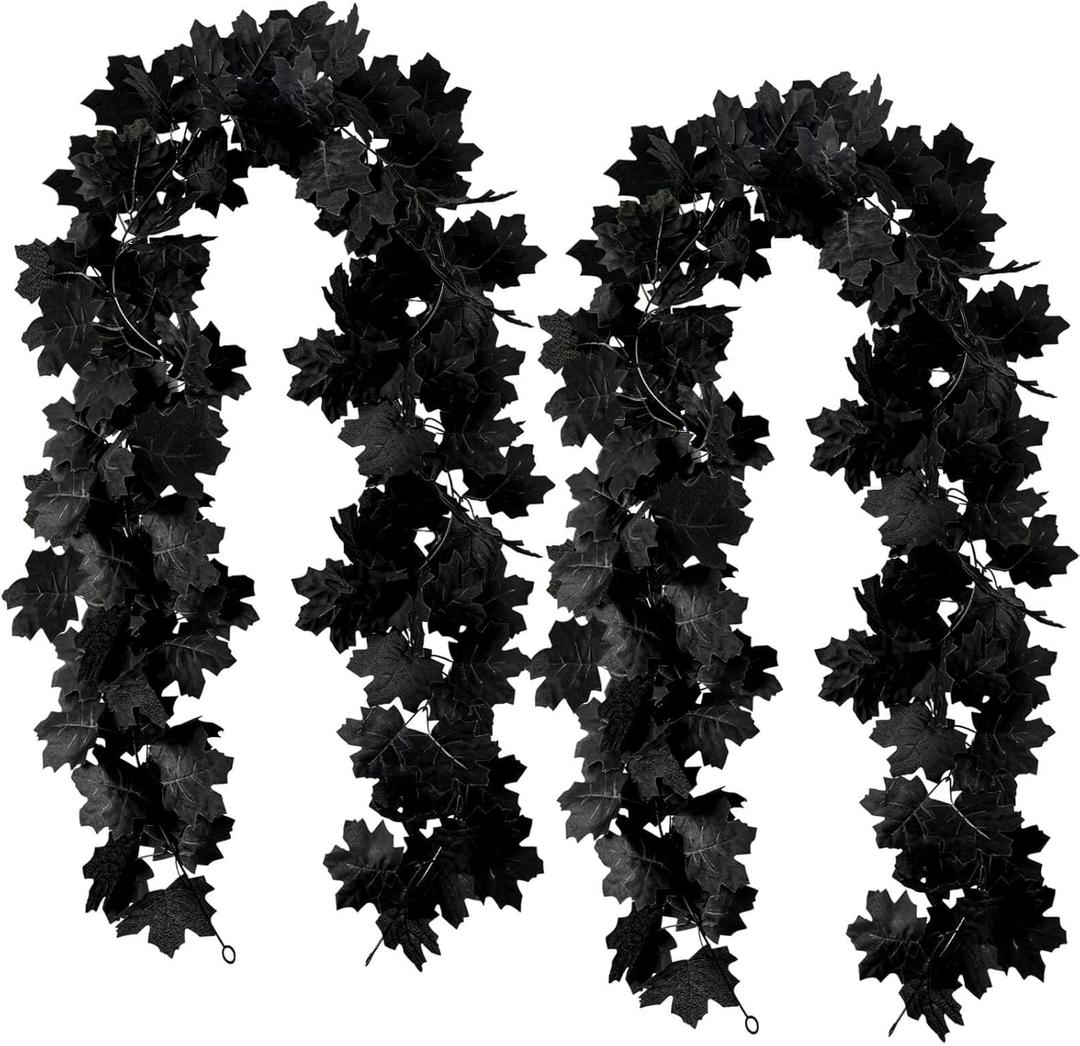 Black Maple Leaf Garland, 2PCS Halloween Artificial Hanging Fall Leave Vines, Fall Floral Garlands Thanksgiving Decor for Home Wedding Party (11.8FT)