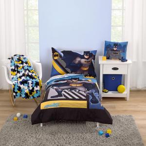Warner Brothers Batman The Caped Crusader Navy, Gray, and Yellow Bat-Signal 4 Piece Toddler Bed Set - Comforter, Fitted Bottom Sheet, Flat Top Sheet and Reversible Pillowcase Warner Brothers Batman The Caped Crusader Navy, Gray, and Yellow Bat-Signal 4 Piece Toddler Bed Set - Comforter, Fitted Bottom Sheet, Flat Top Sheet and Reversible Pillowcase
