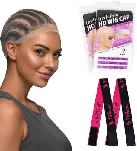 Tinashe 4pcs HD Wig Cap for Lace Front Wig, Stocking Stretchy Wig Caps for Women,Transparent Wig Cap For Wig, HD Wig Cap with Elastic Wig Band for Wig (4PCS HD Wig Cap+2PCS Wig Band), 2 Pack