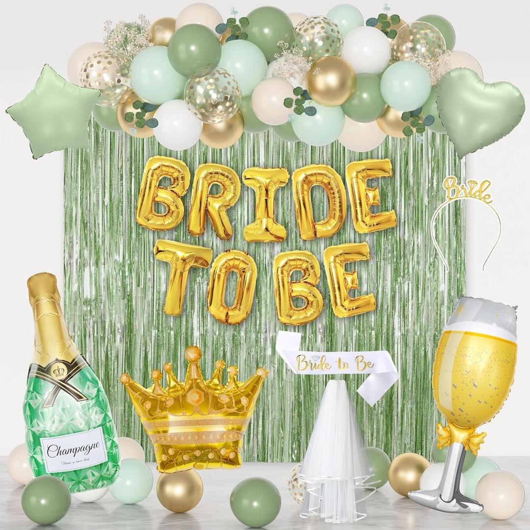Ouddy Life Sage Green Bachelorette Party Decorations, Bride to Be Bridal Shower Decoration with Crown Champagnes Wineglass Heart Foil Balloons, Veil Sash, Fringe Curtains Engagement Wedding Supply