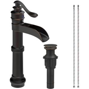 Homevacious Oil Rubbed Bronze Waterfall Vessel Sink Tall Black Single Handle Bath Basin Farmhouse with Pop Up Drain Assembly Lavatory One Hole Mixer Tap Without Overflow