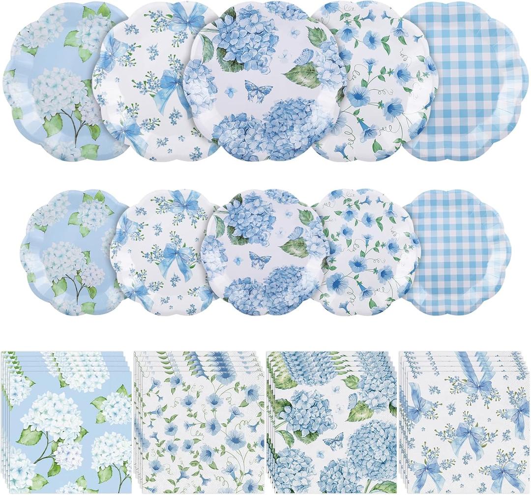 NatNarr 150 Pcs Floral Plates and Napkins, Blue and White Floral Party Supplies Include Hydrangea Flower Checkered Plates Napkins for Tea Party, Bridal Baby Shower, Spring Party