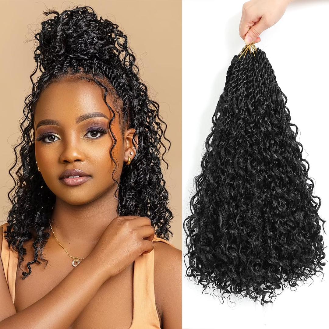 14 Inch Boho Island Twist Crochet Hair with Curls 9 Packs Pre-Looped Senegalese Twist Crochet Braids with Curly Ends Pre-Twisted Boho Style Crochet Hair Extensions for Black Women 1B#