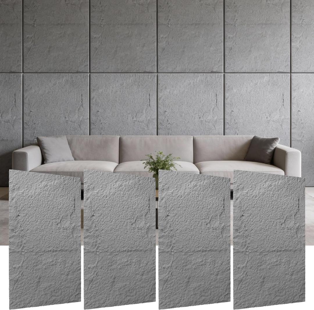 3D Stone Wall Panels, 4PCS PU Faux Stone Panels 47.24"x23.62", 3D Lightweight Wall Panels for Interior Wall Decor, Waterproof Stone Texture Panels for DIY, TV Wall, Bedroom, Living Room, Office & Home (Cement Gray)