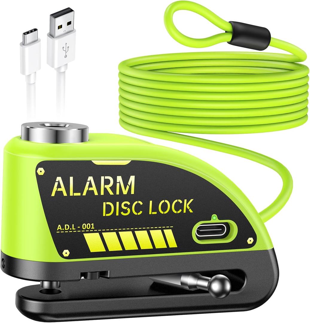 ONVIAN Rechargeable Motorcycle Lock with 6FT Steel Wire Anti-Theft Cable, for 7mm Pin Ebike Electric Scooter Motorcycle Helmet Wheel Disc Brake Lock (Lemon Yellow)