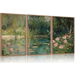 FWIEXA Monet Floral Framed Canvas Wall Art Set, Impressionist Botanical Garden Wall Decor, Vintage Ponds Tree Plant Artwork, Nature Landscape Prints for Living Room, Bedroom - Size 16"x24"x3 (Oil Painting Garden)