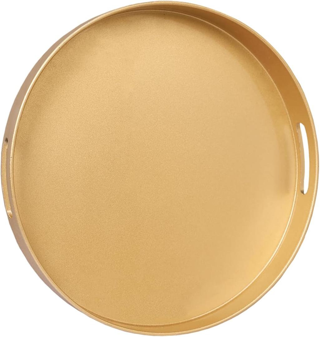 MAONAME 13" Gold Round Decorative Tray for Coffee Table, Modern Serving Tray with Handles, Plastic Ottoman Trays, Bathroom Decor