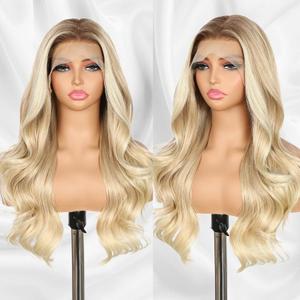 Blonde Lace Front Wig 13x4 Pre Plucked Synthetic Wig for Women Highlight Ombre blonde Natural Looking Body Wave with Dark Roots 22 Inch for Cosplay Daily Party Use