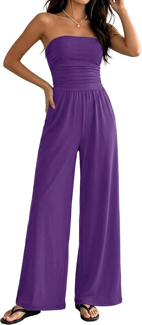 Women Tube Top Jumpsuits Summer Casual Strapless Wide Leg Jumpsuit (Purple)