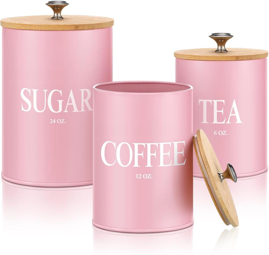 3 Pack Pink Kitchen Canister Set Metal Tea Coffee Sugar Jar Container with Bamboo Airtight Lids Food Storage Containers for Bar Counter Farmhouse Kitchen Decor 6, 12, 24 oz