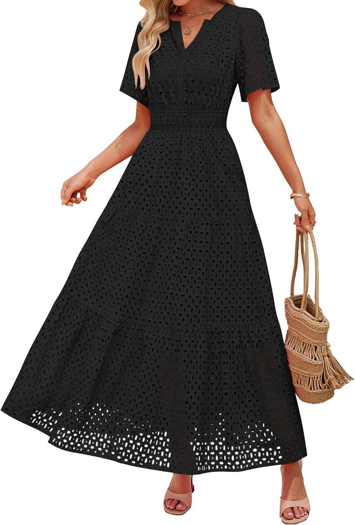 ZESICA Women's 2025 Summer Short Sleeve Maxi Dress Casual V Neck Hollow Out Eyelet Ruffle Swing A Line Long Dresses (Medium)